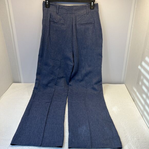 If Only Studio Pinstripe Blue Linen Wide Leg Pants Side Pockets Women SZ 10 NEW - Picture 2 of 10